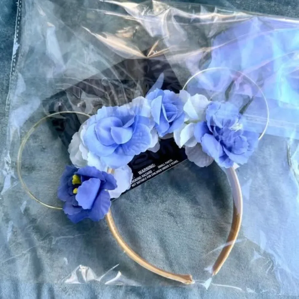 Disney Minnie Mouse Floral Ear Headband Gold Blue White New